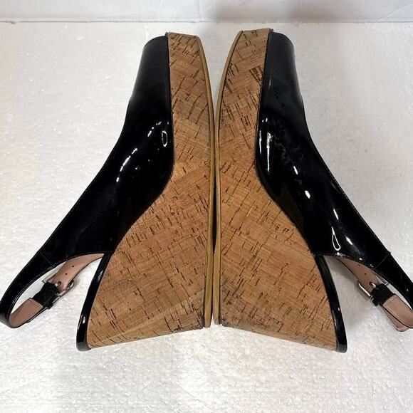 Stuart Weitzman Black Patent Leather Sling back Peep Toe Cork Wedge Heel 8.5 - Picture 5 of 8